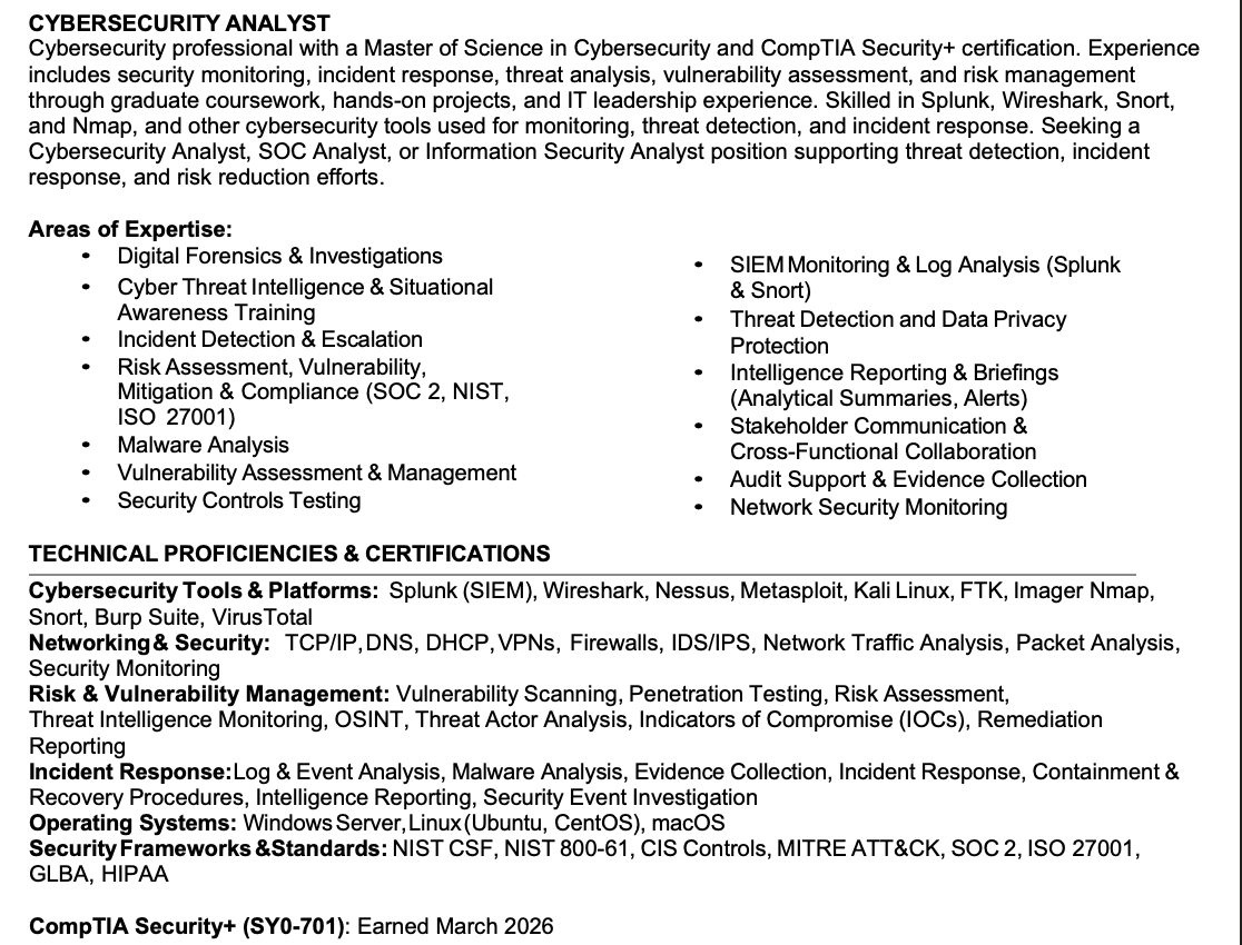 Cybersecurity Resume